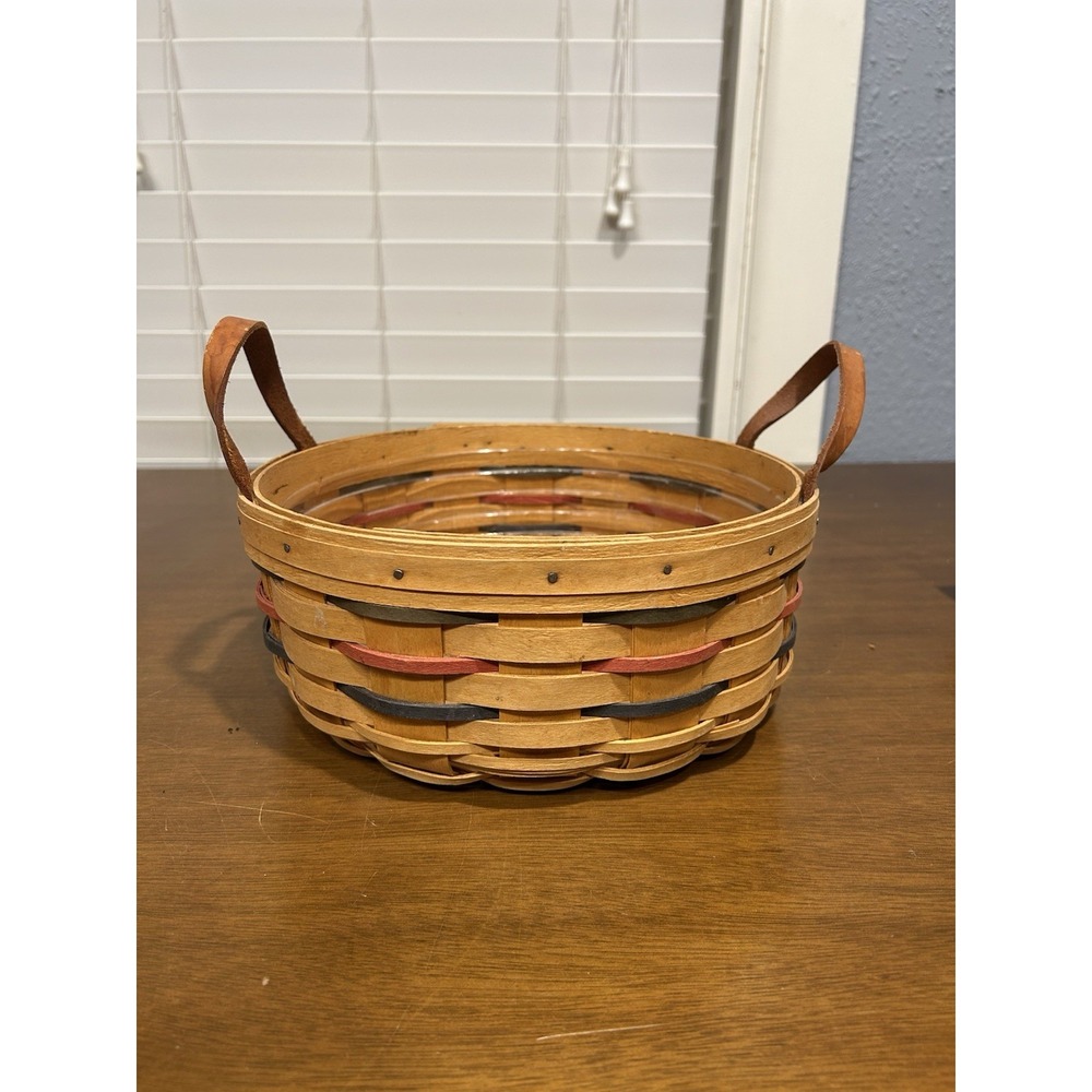 Longaberger 1999 Woven BUTTON BASKET Green Red Blue w/ Liner & Leather Handles